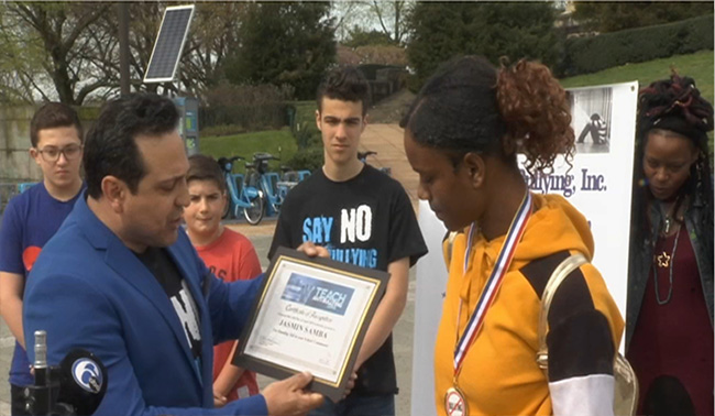 13 year old middle school students honored after nearly being killed from bullying.